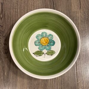 Vintage Wales Ironstone Serving Bowl Green Flower Hand Paint Made in Japan